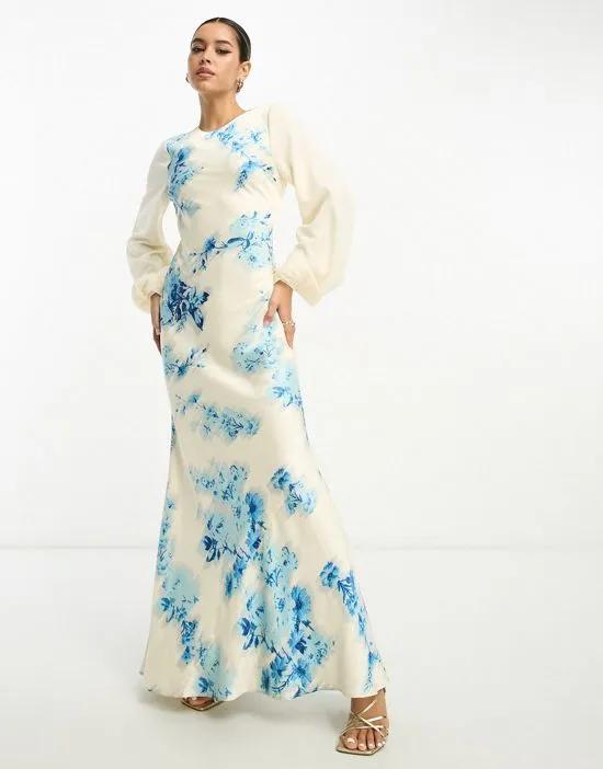 contrast sleeve satin bias maxi dress in white based blue floral print