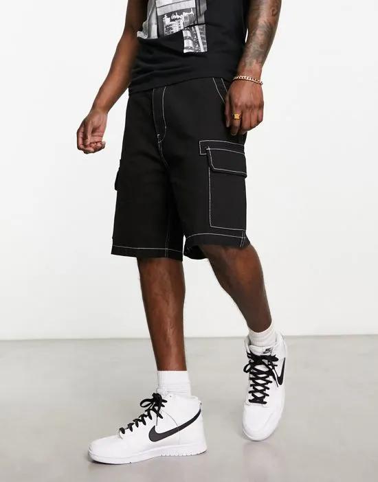 contrast stitch pocket shorts in black