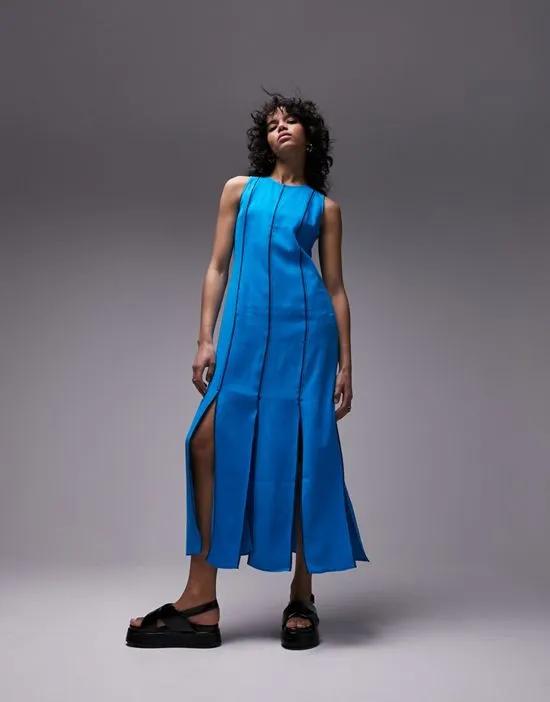 contrast stitch sleeveless midi dress with splits in blue