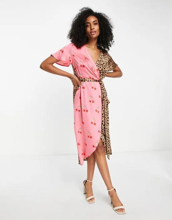 contrast wrap midi dress in cherry leopard print