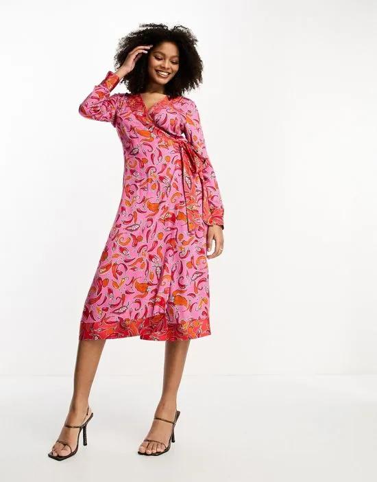 contrast wrap midi dress in pink and red chili print