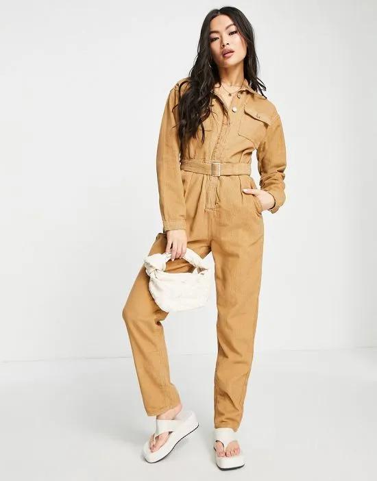 cord belted jumpsuit in brown