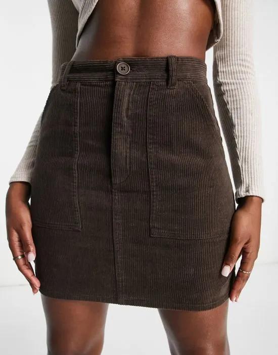 cord patch pocket mini skirt in chocolate