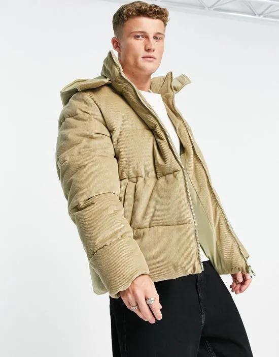 cord puffer jacket with removable hood in tan