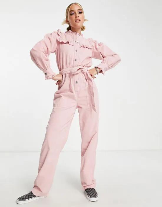 corduroy bib frill belted jumpsuit in pale pink