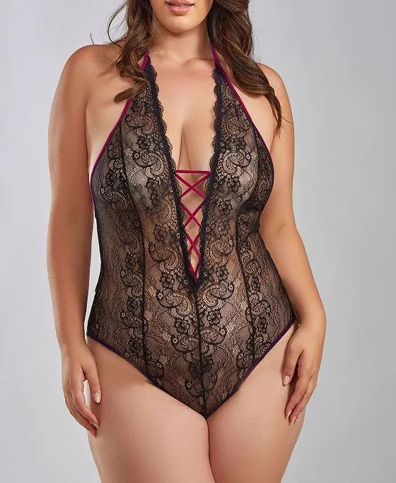 Corey Plus Size 1 Piece Plunge Lace Up Teddy with Halter Neck Tie and Open Back