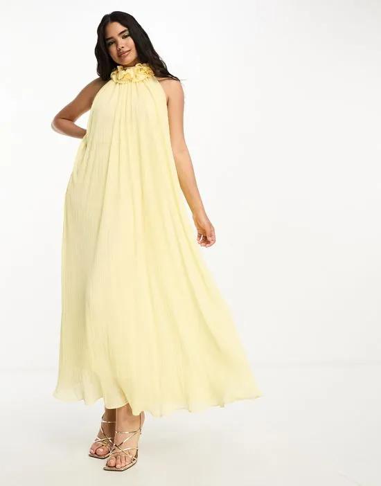 corsage high neck plisse maxi dress with tie back detail in buttermilk