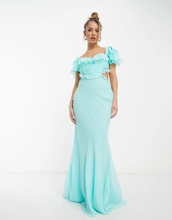 corset cut out maxi skater dress with angel sleeve and ruffle detail in turquoise