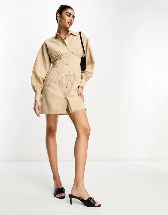 corset detail mini shirt dress with balloon sleeves in camel