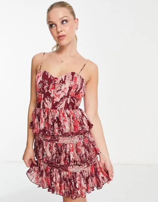 corset frill mini dress with sequin detail in red with floral print
