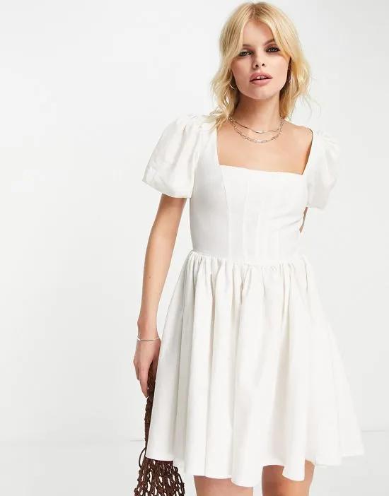 corset linen mini skater dress with puff sleeve in white