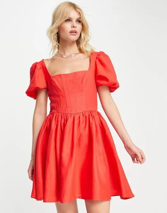 corset linen mini skater dress with puff sleeves in red