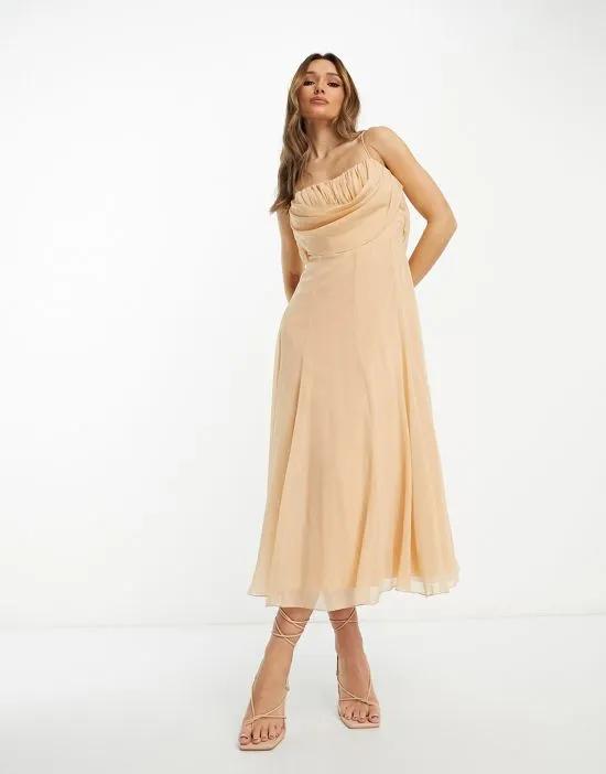 corset midi dress with soft cowl front in warm tan