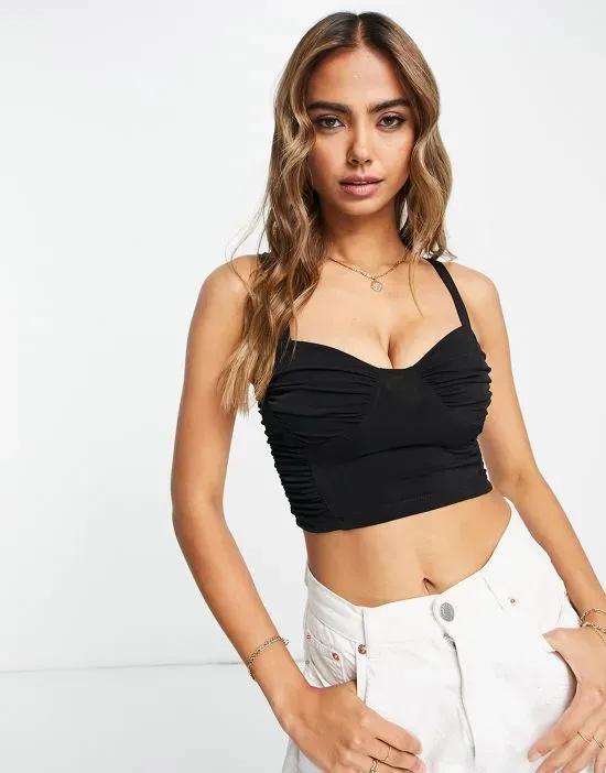 corset ruched detail cropped cami top in black