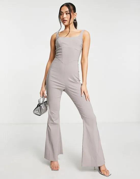 corset square neck kick flare jumpsuit in taupe