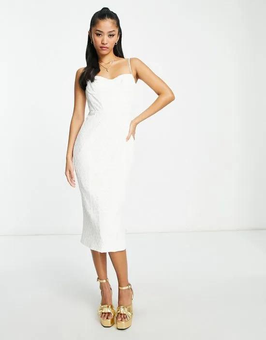 corseted lace midi dress in ivory