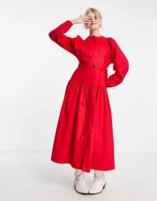 cotton belted midi dress with balloon sleeve in bold red