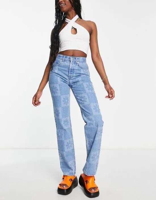 cotton blend '90s' straight leg jean in laser floral check - MBLUE
