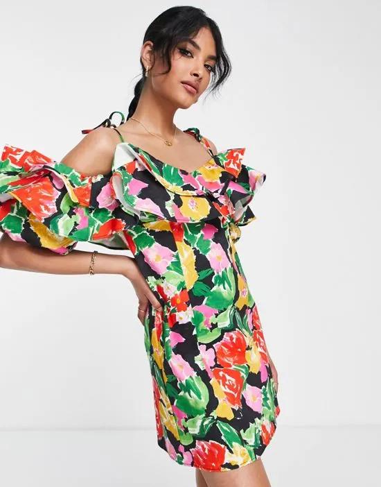 cotton blend bold floral ruffle bardot mini dress in multi