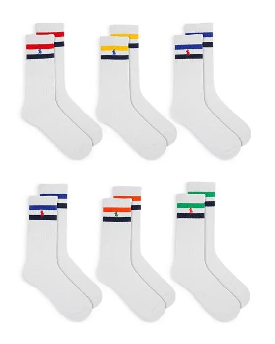 Cotton Blend Double Stripe Embroidered Logo Crew Socks, Pack of 6