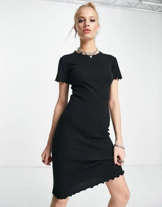 cotton blend fitted t-shirt dress with lettuce hem in black