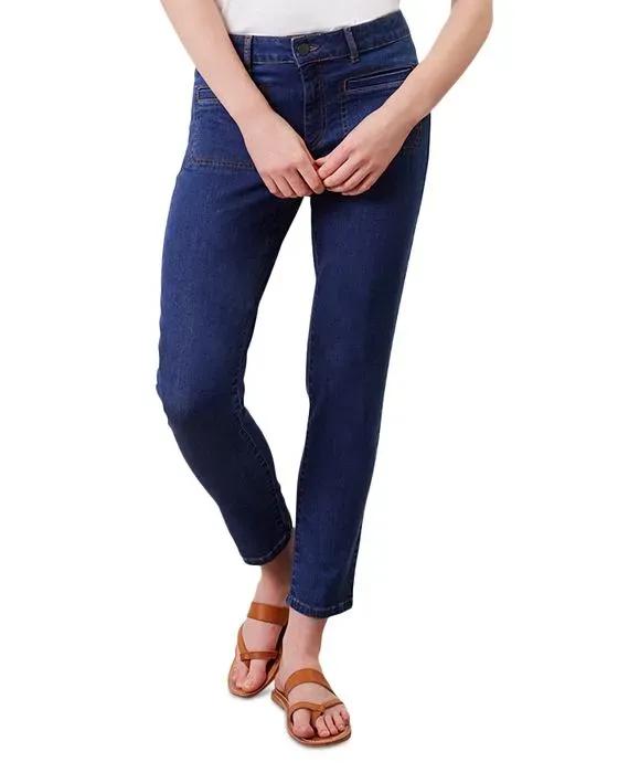 Cotton Blend High Rise Ankle Straight Leg Jeans in Blue