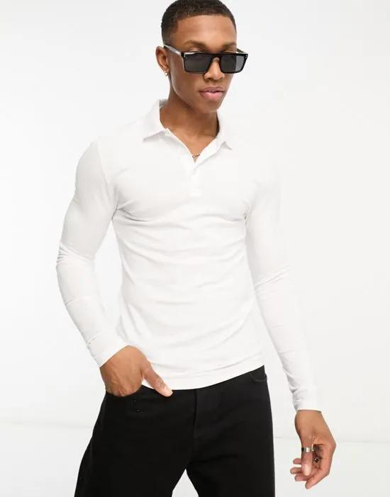 cotton blend long sleeve jersey polo in white