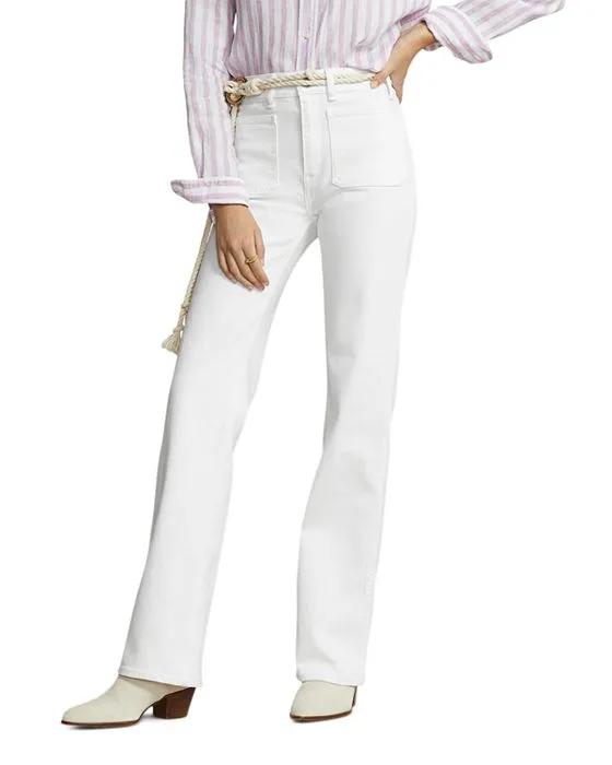 Cotton Blend Mid Rise Bootcut Jeans in White