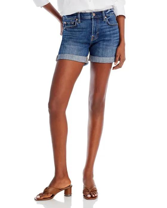 Cotton Blend Mid Rise Rolled Cuff Shorts in Broken Twill