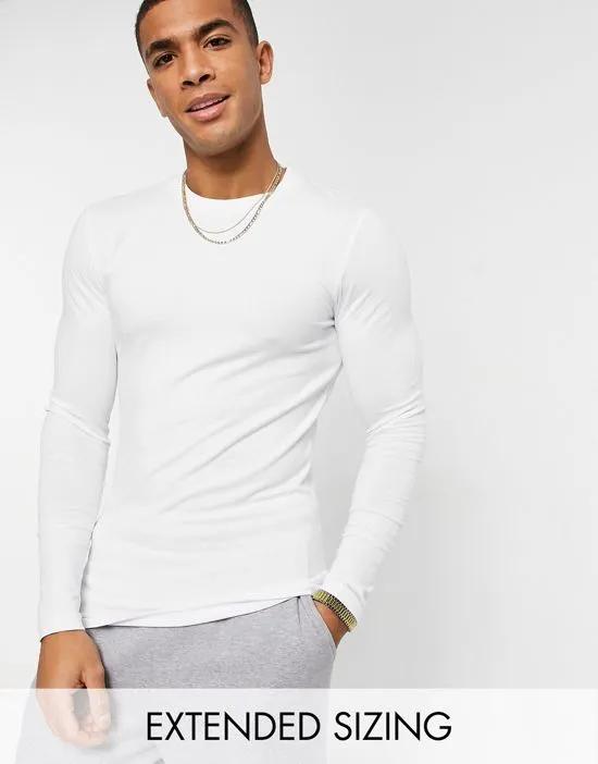 cotton blend muscle fit long sleeve t-shirt with crew neck in white - WHITE