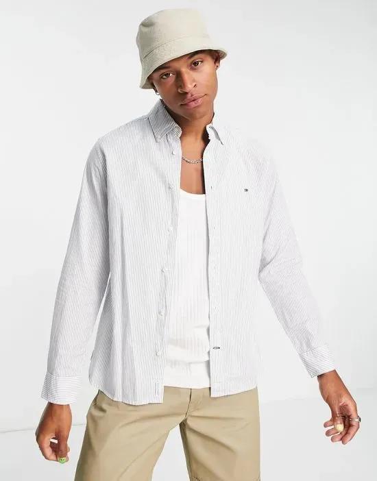 cotton blend natural soft poplin stripe shirt regular fit in navy - NAVY