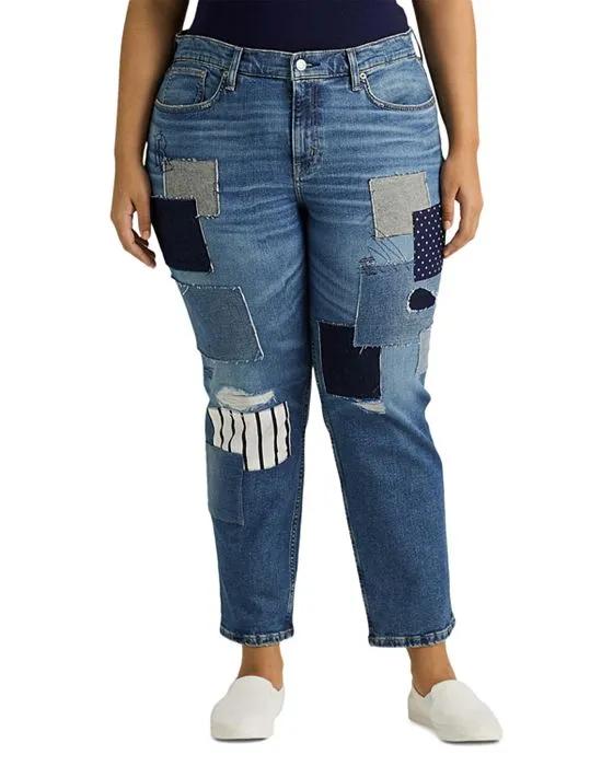 Cotton Blend Patchwork Mid Rise Tapered Ankle Jeans in Tinted Sapphire Wash