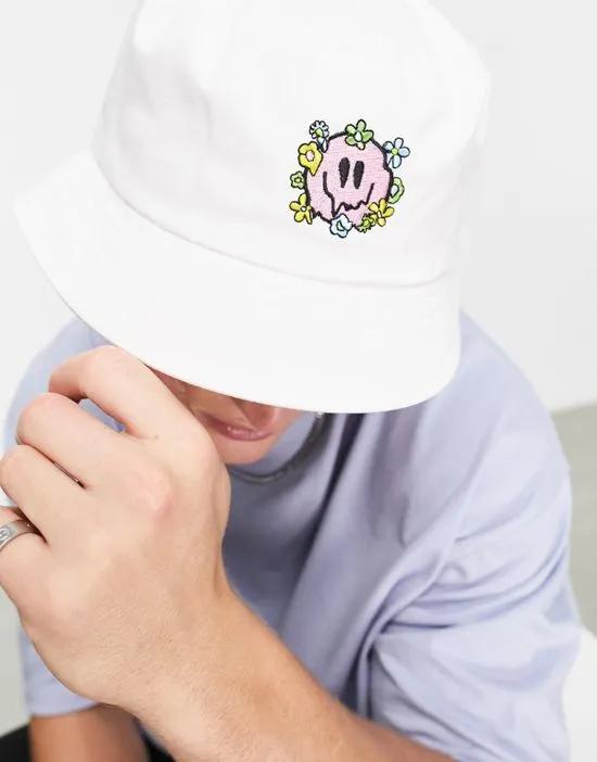 cotton bucket hat with smile embroidery in ecru