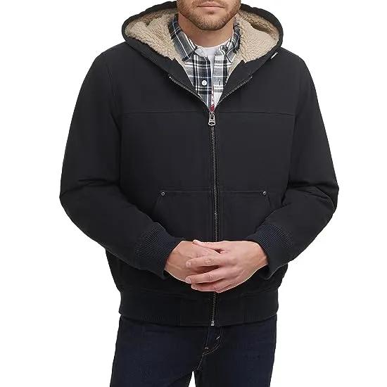 Cotton Canvas Hooded Utility Jacket with Sherpa Lining