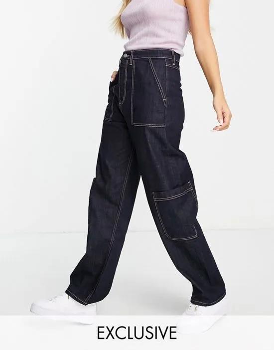 cotton cargo jeans with pink contrast stitch