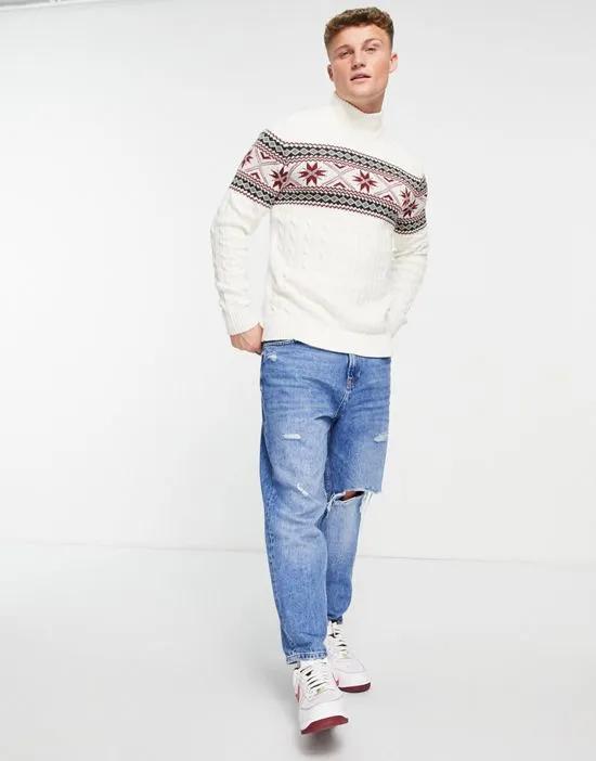 cotton Christmas jumper with high neck cream - CREAM