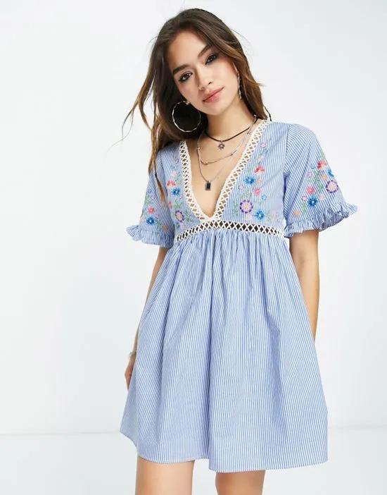 cotton embroidered sundress in blue stripe
