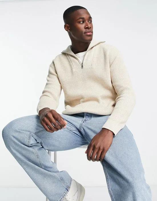 cotton half zip knit sweater in ecru - STONE