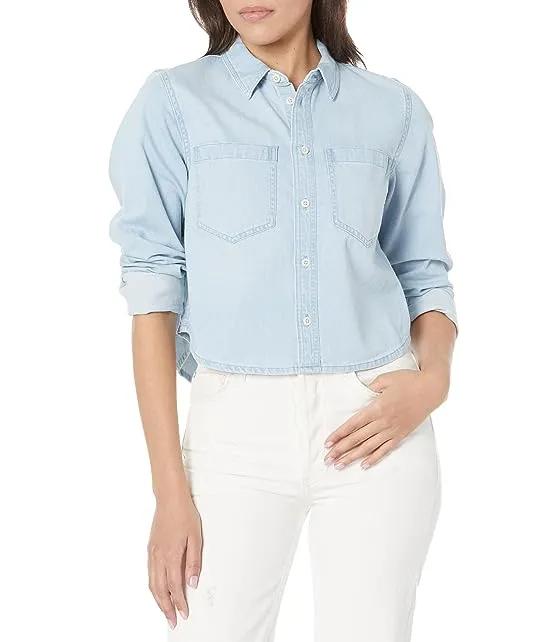 Cotton-Hemp Denim Button-Up Crop Shirt