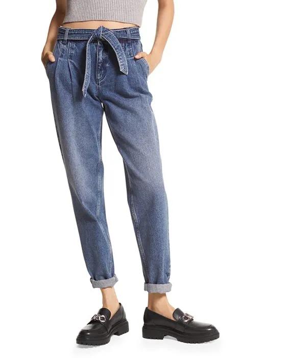 Cotton High Rise Belted Jeans in Dusk Blue