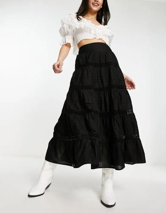 cotton lace insert tiered maxi skirt in black