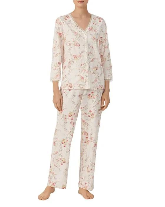 Cotton Lace Trim Button Front Pajama Set 