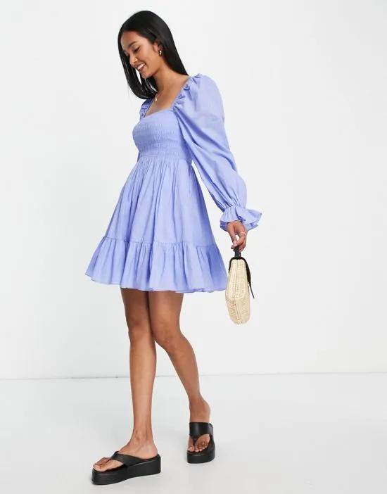 cotton long sleeve mini dress with ruched front and balloon sleeves in blue - MBLUE