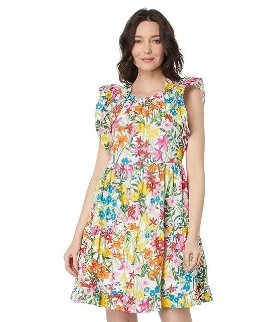 Cotton Poplin Floral Print Ruffle Sleeve Dress