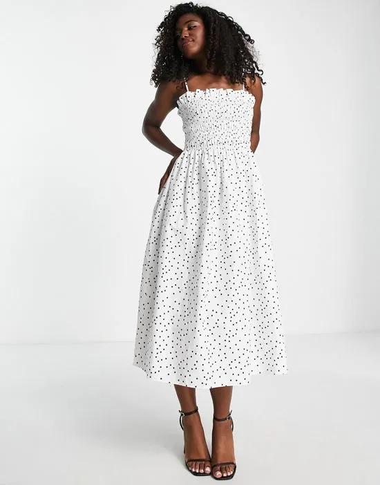 cotton shirred bandeau midi dress in white polka dot