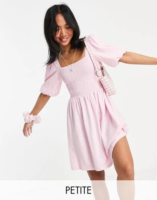 cotton shirred mini skater dress with puff sleeves in pink - PINK