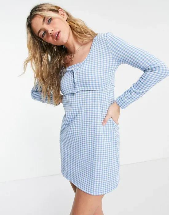 cotton strappy mini dress with cardigan in blue gingham - MBLUE