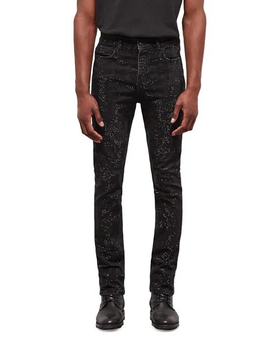 Cotton Stretch Denim Rhinestone Embellished Slim Fit Jeans in Black