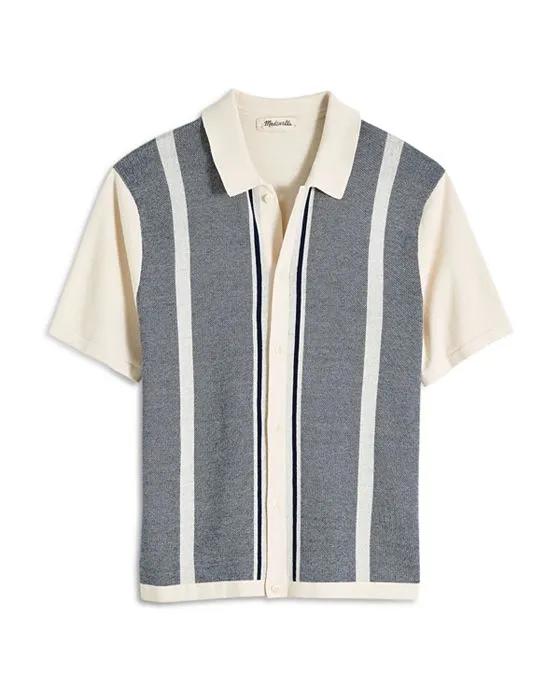 Cotton Sweater Knit Stripe Button Down Polo Shirt 