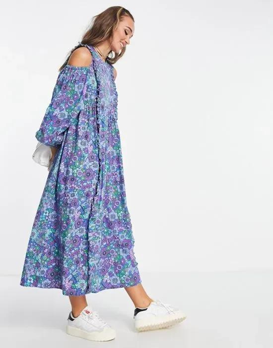 cotton textured floral cold shoulder midi dress in blue